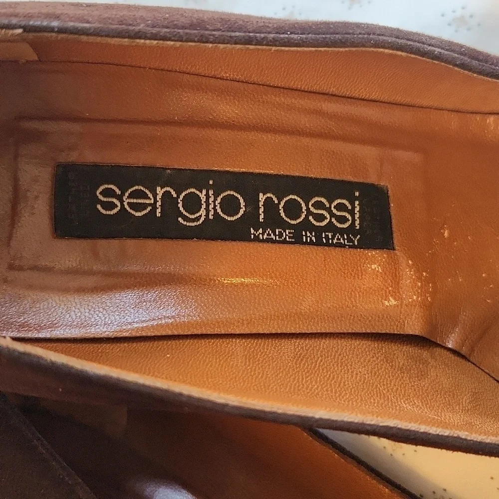 Sergio Rossi Brown Suede Embroidered Toe Kitten Heels Pumps sz 38.5/8.5